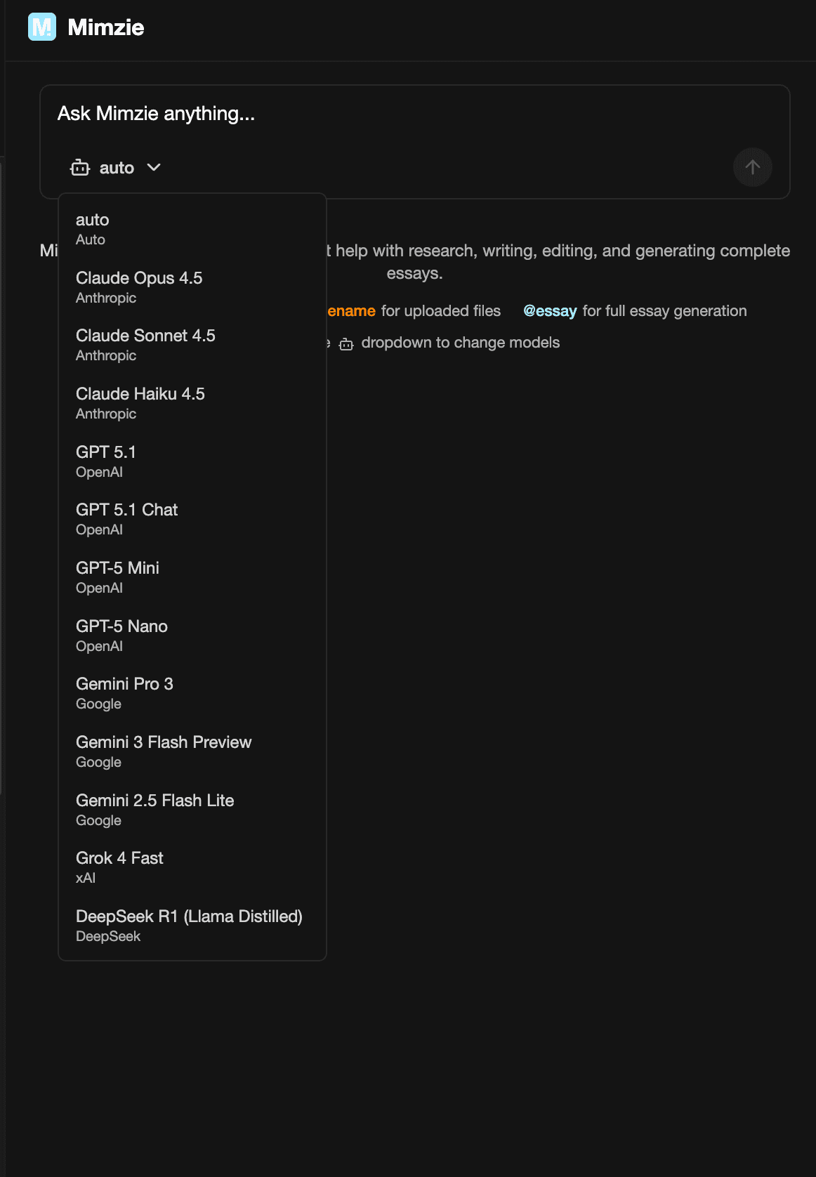 Mimzie AI model selection